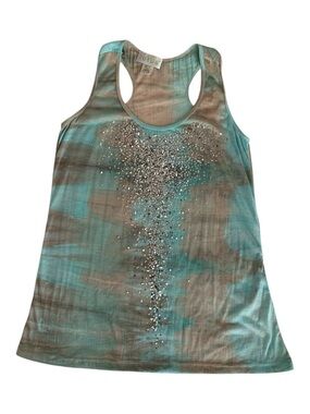 Vintage Lotus Tank Top Women’s L Blue Tan Silver Sequins Racer Back Lightweight